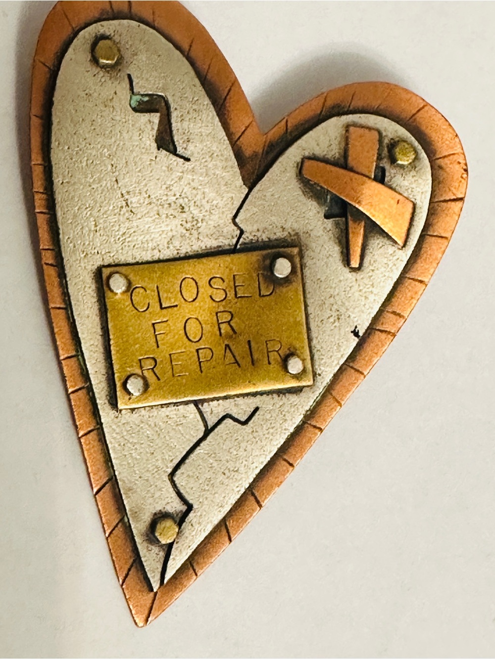Vintage Laurie Flannery Signed Mixed Metal "Closed for Repair" Brooch Pin